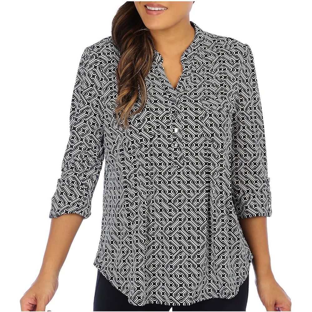 Juniper + Lime Womens Abstract Adjustable Sleeve Blue White‎ Blouse button down